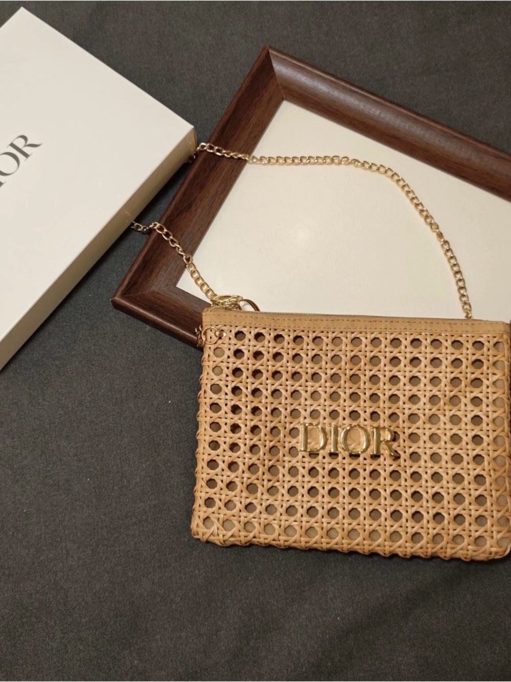 Dior Tan Raffia Woven Clutch with Gold Chain